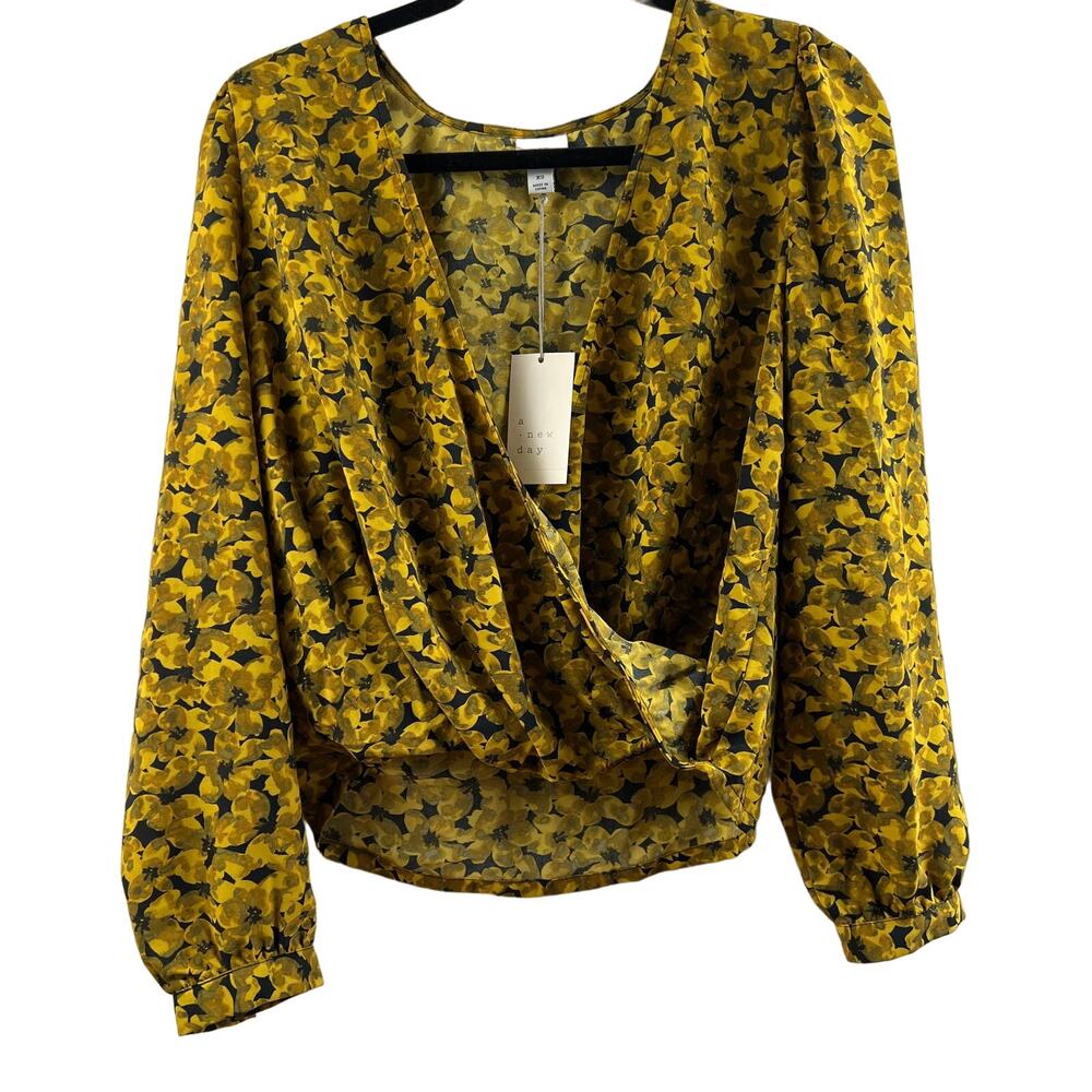 A New Day Women's Floral Print Puff Long Sleeve Gold Wrap Top - XS - NWT